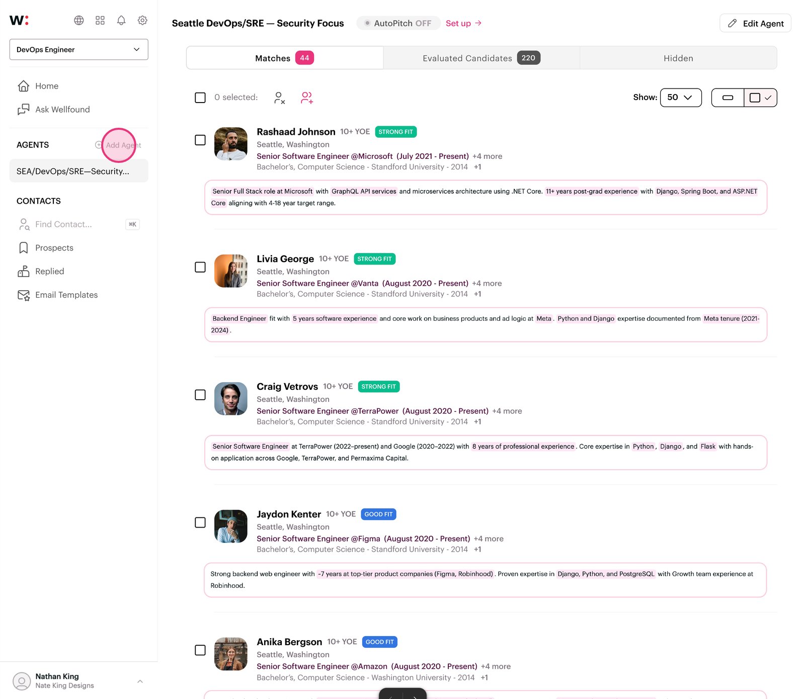 Click 'Add Agent' to set up one or more agents with different criteria to test different search strategies.