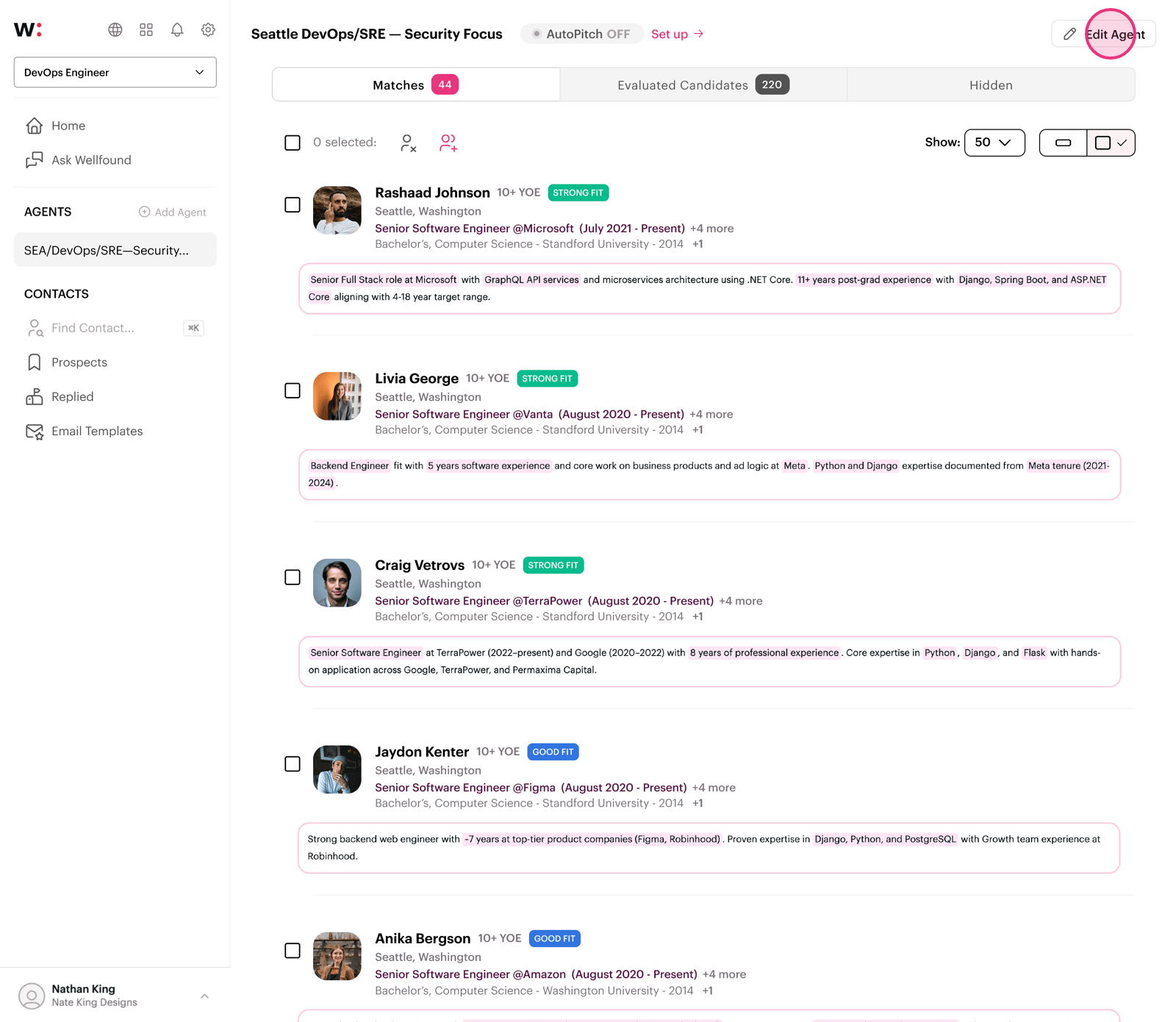 Click 'Edit Agent' to adjust who an agent is searching for.