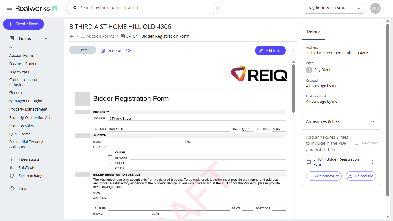 You can generate a PDF of any draft form by clicking the 'Generate PDF' link.