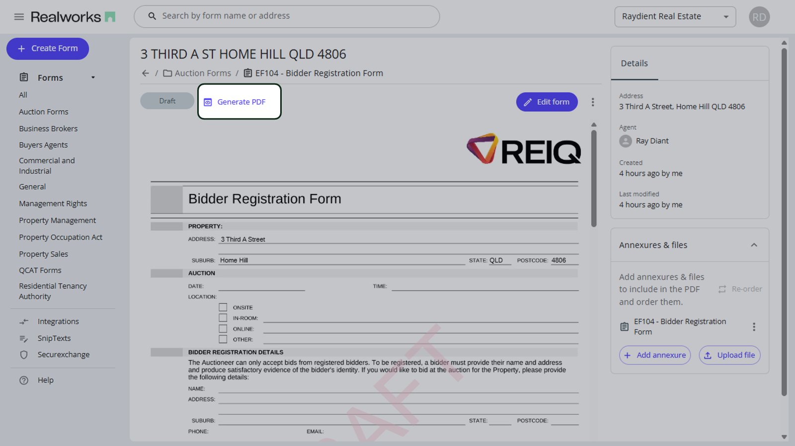 You can generate a PDF of any draft form by clicking the 'Generate PDF' link.