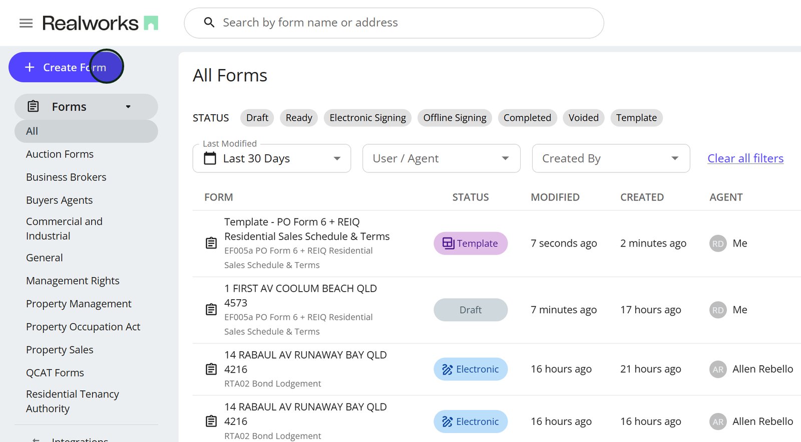 Create Form button opens the All Forms screen to start a new form.