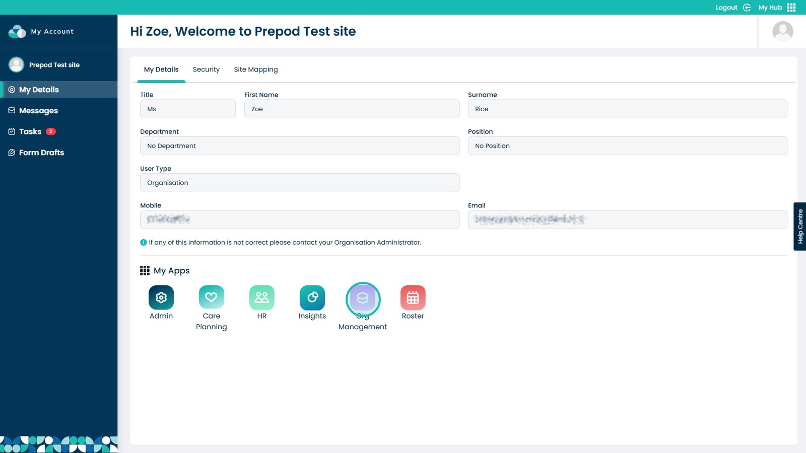 Org Management entry screen