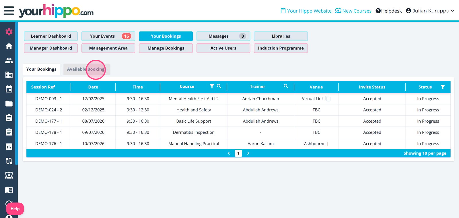 And into 'Available Bookings' to view the booking that you have made public.