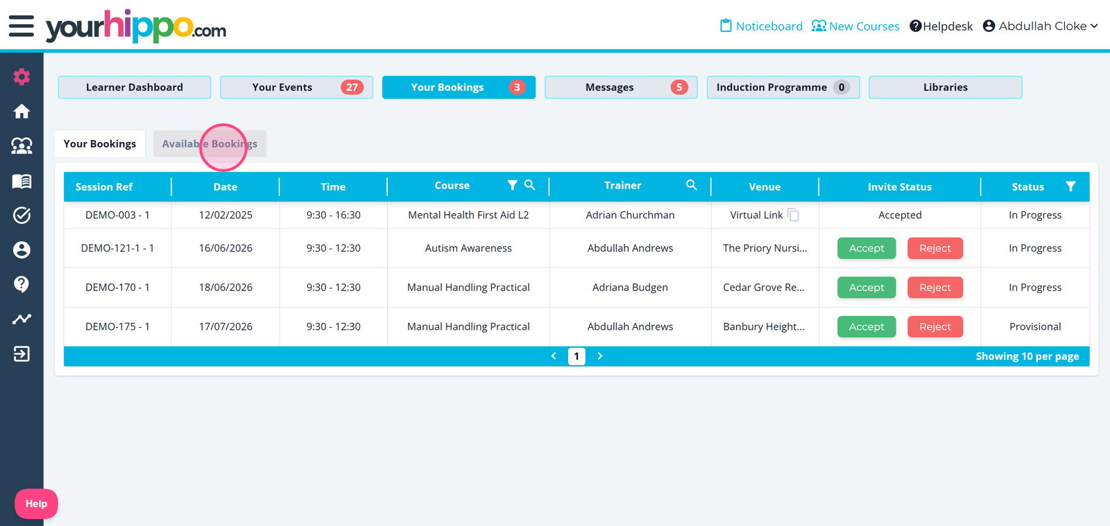 Locate 'Available Bookings' and find all sessions available to you.