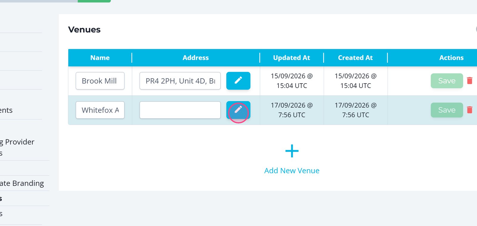 **To add or update venue details, click the edit icon** next to the venue.