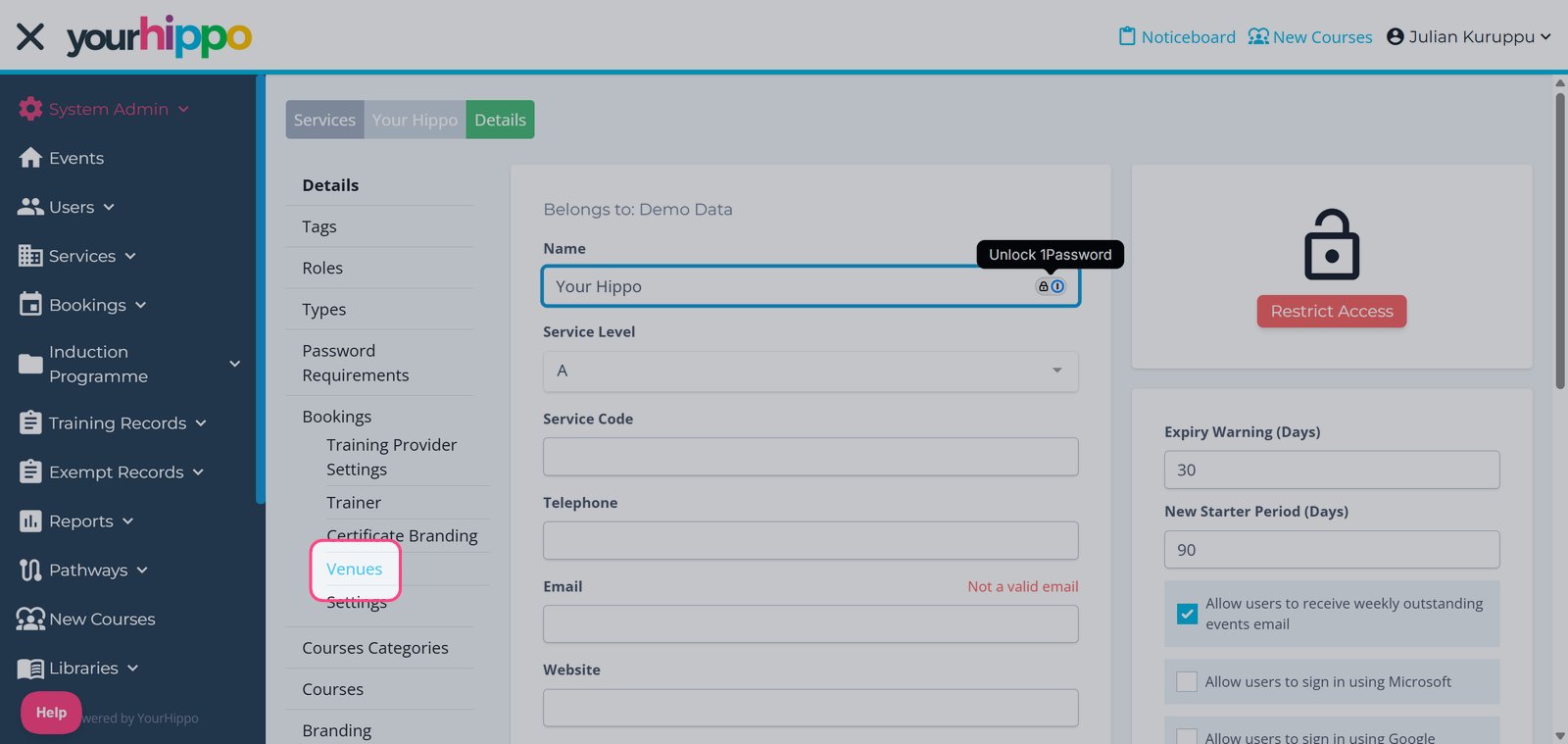 **Select the ‘Venues’ section** to view and manage your available training venues.