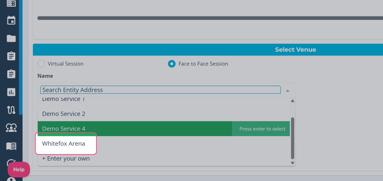 **Create a new session or edit an existing session, then select your new venue** from the available venue options.