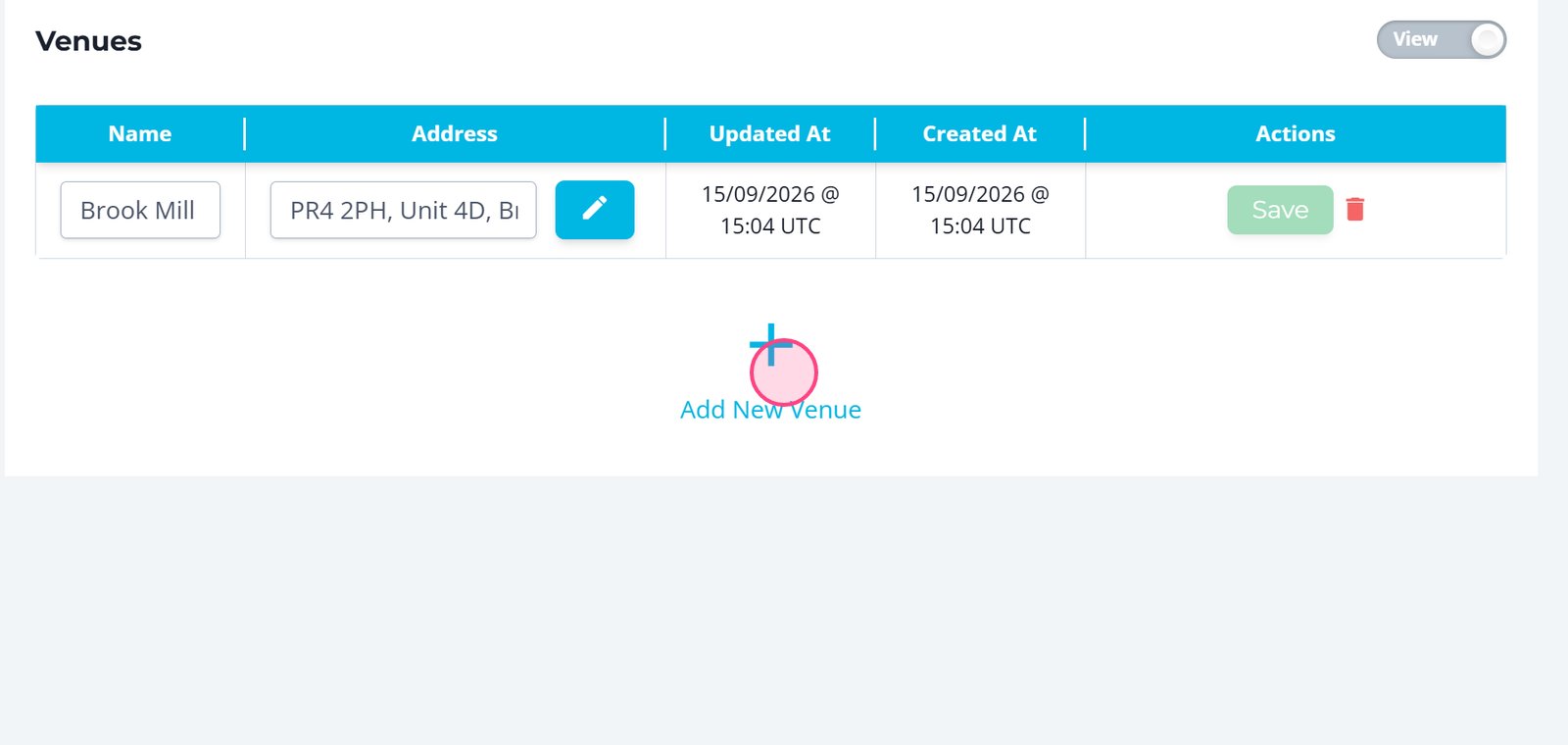 **Click ‘Add New Venue’** to create a new training venue.