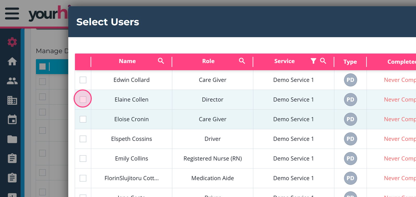Select the checkbox next to the relevant delegate.