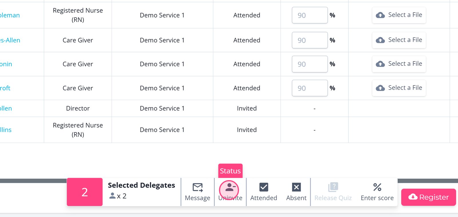 Click ‘Uninvite’ to remove the selected delegates from the training event in one step. This will also trigger an email notification to the learner.