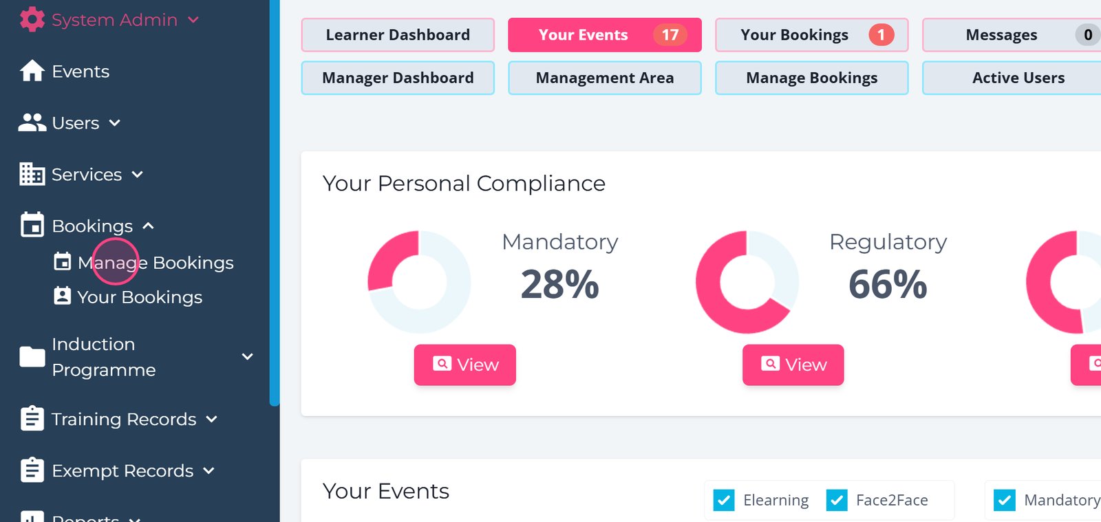 Select ‘Manage Bookings’ to review or edit any upcoming training events.