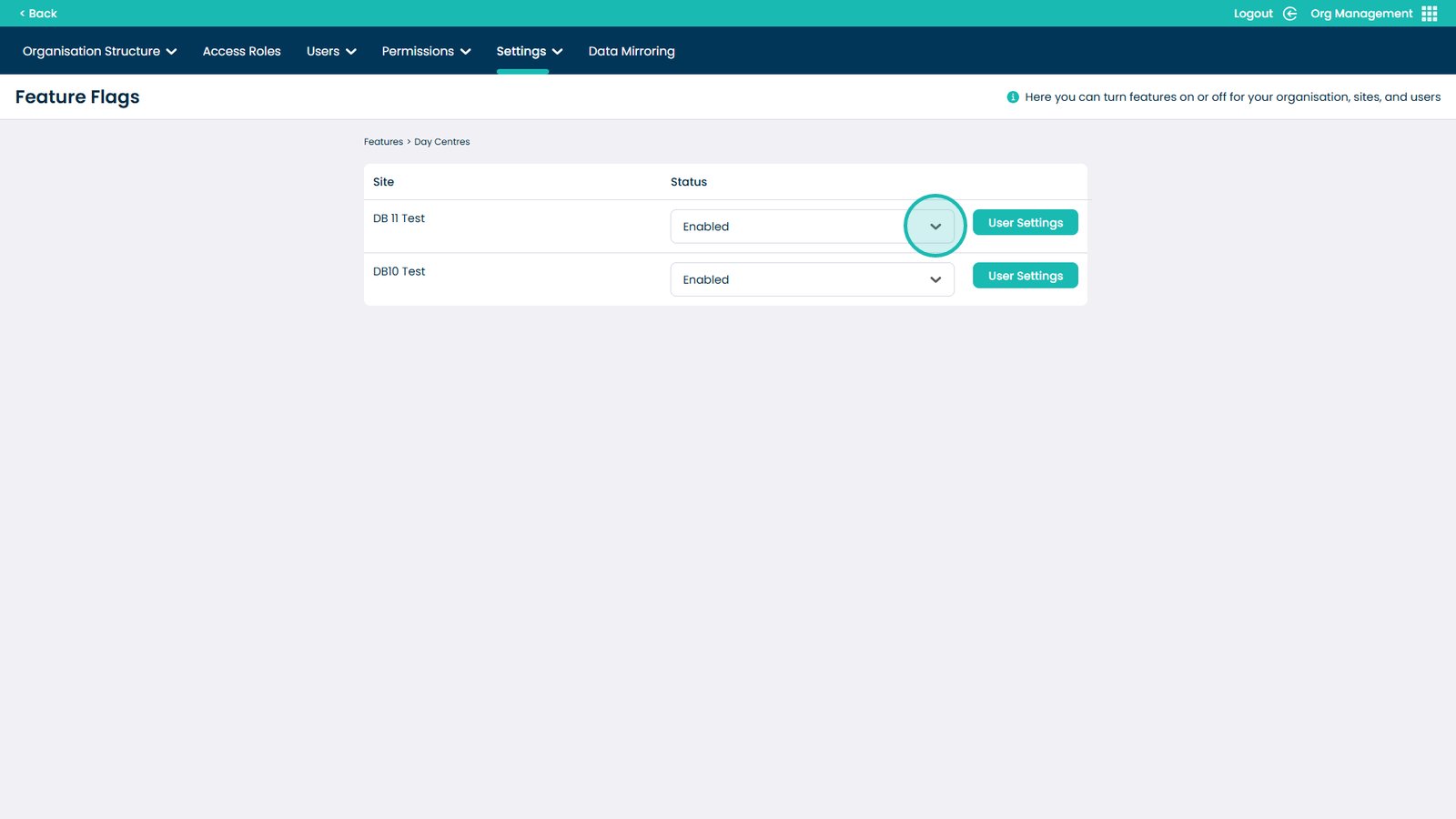 Status dropdown for Day Centres