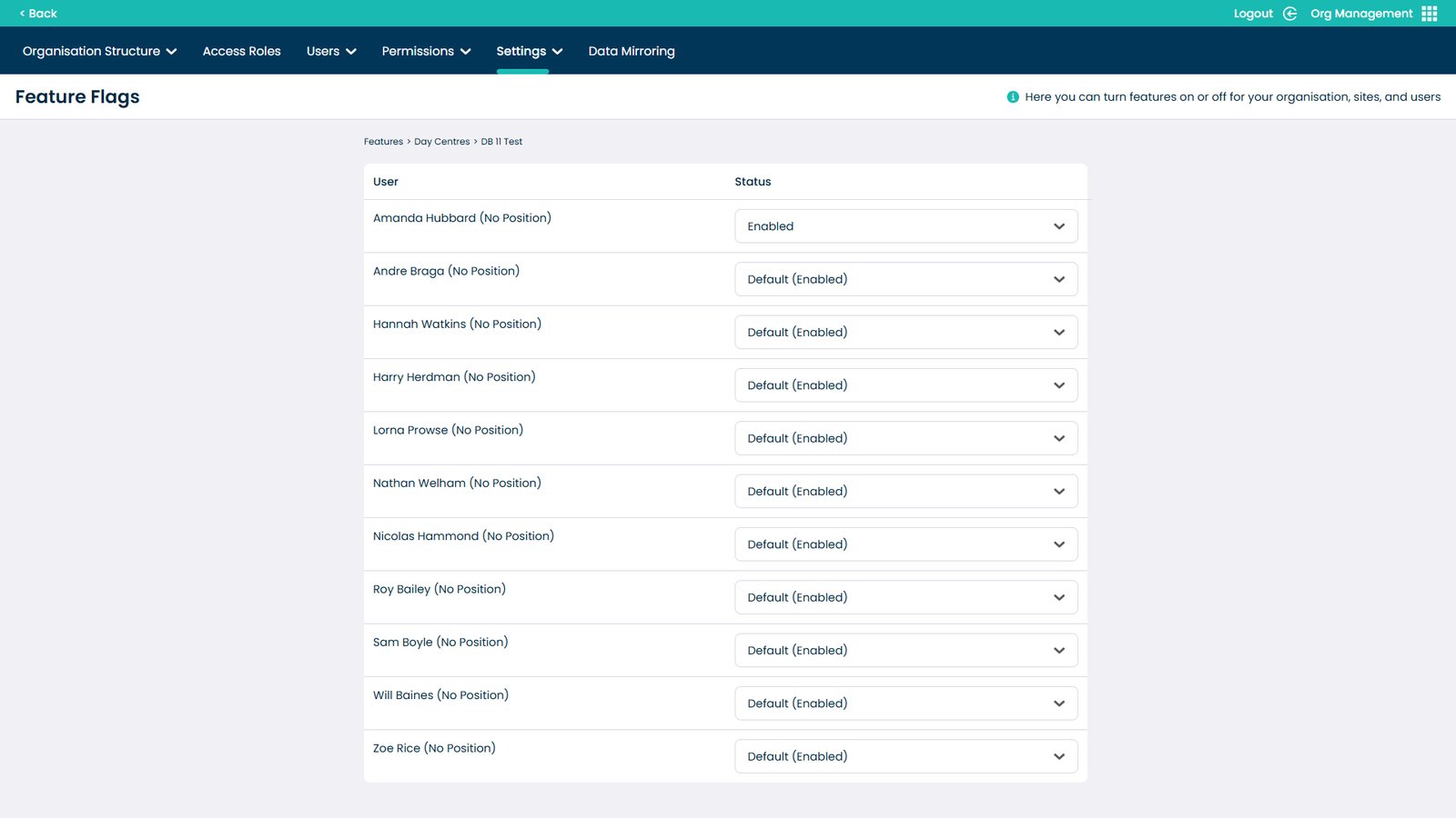 Confirmation view for Day Centre settings