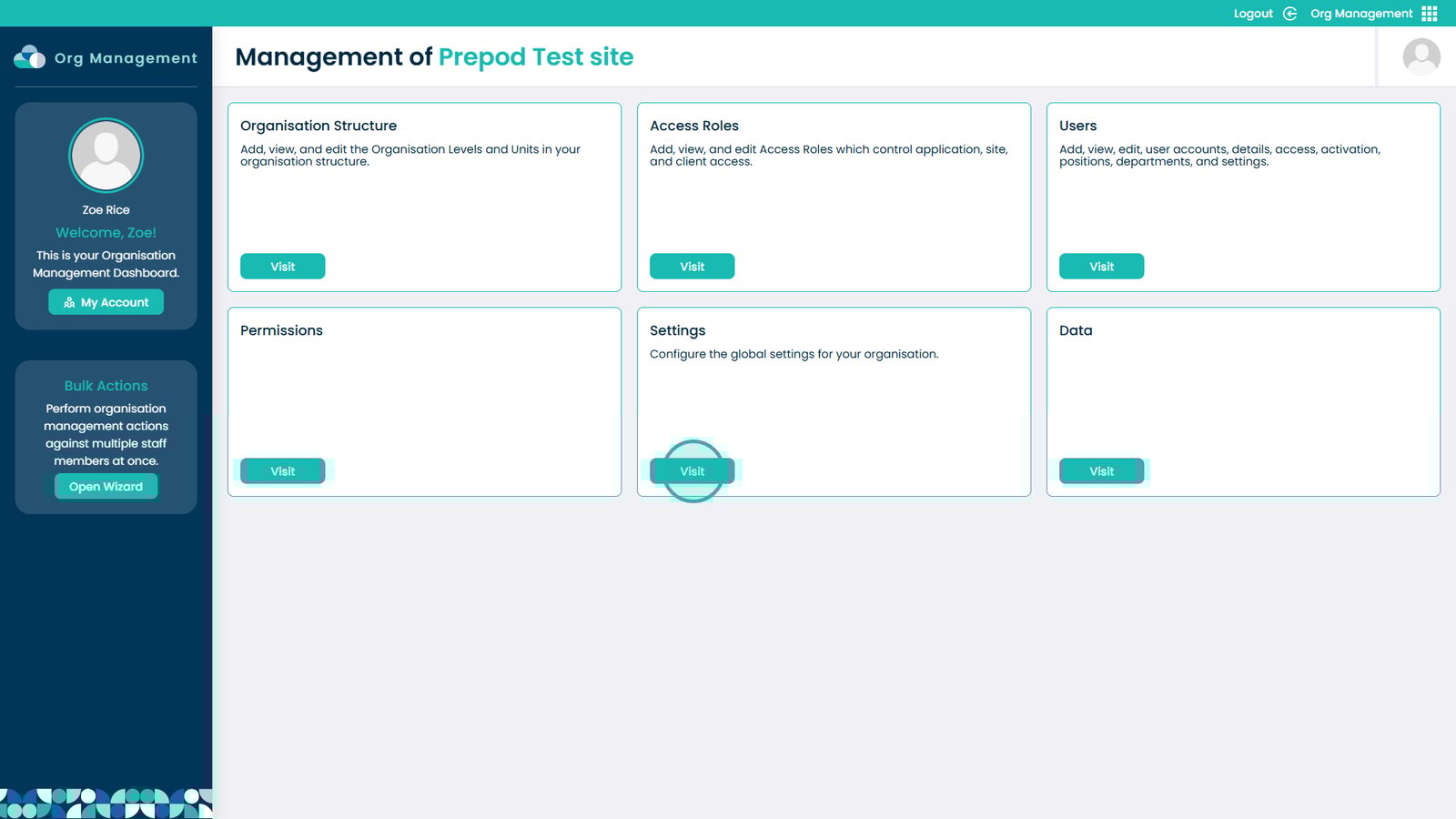 Settings card with Visit action