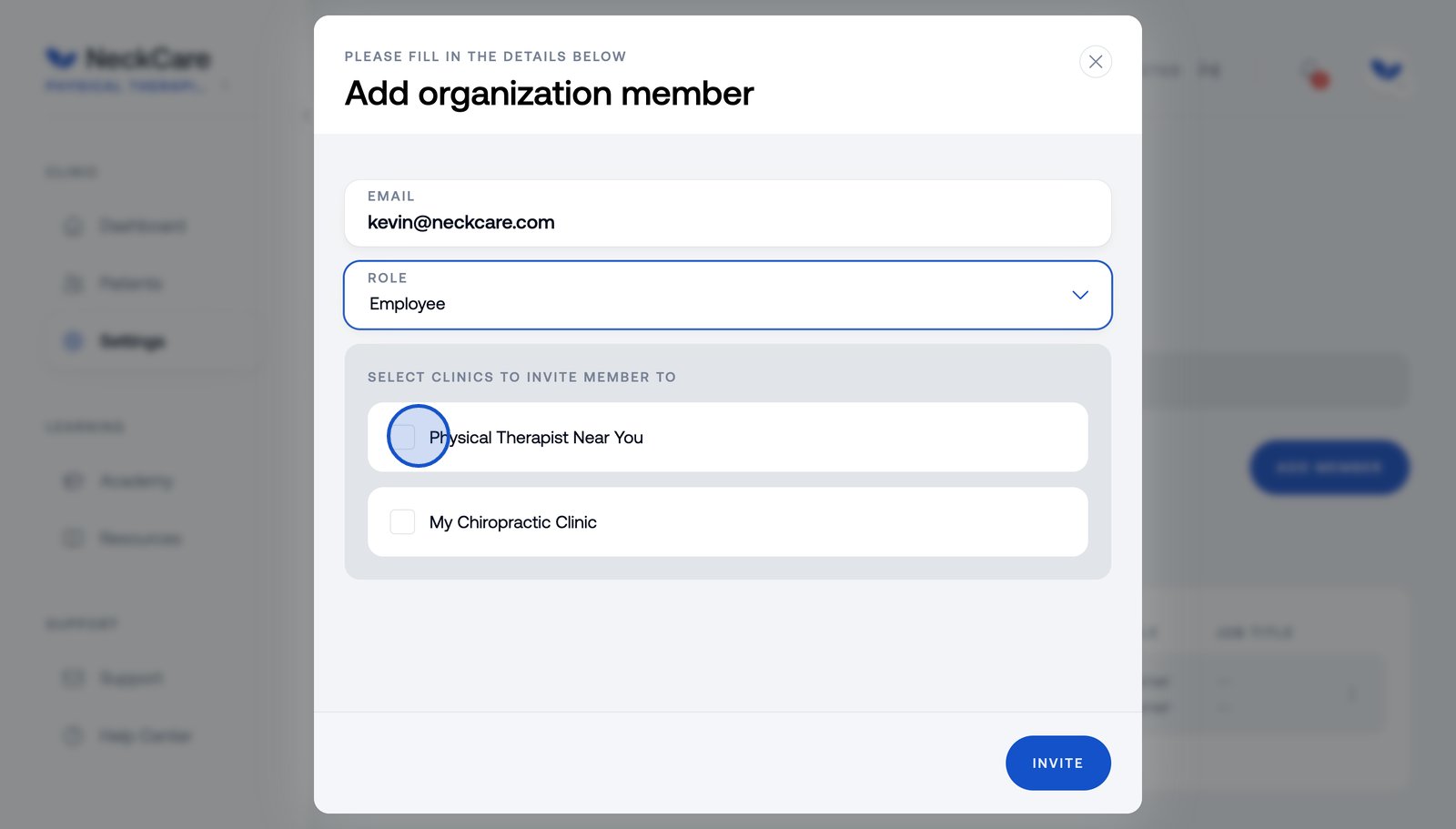 If you have multiple clinics, you can select which clinics the new member should be invited to by ticking the relevant boxes.