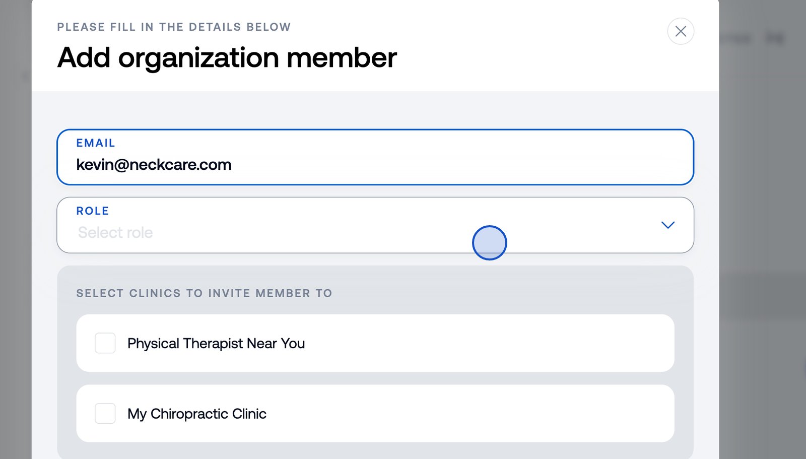 Choose the new member's organization role to determine their access level.