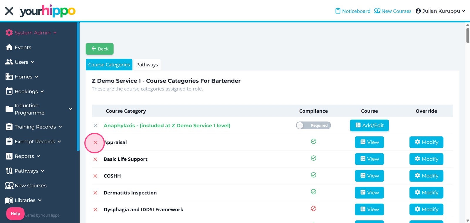 **2)** Remove a course out of a role through clicking on the **red 'x'** to the left of the course category title.