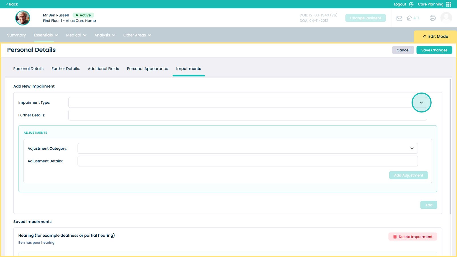 Impairment Type dropdown