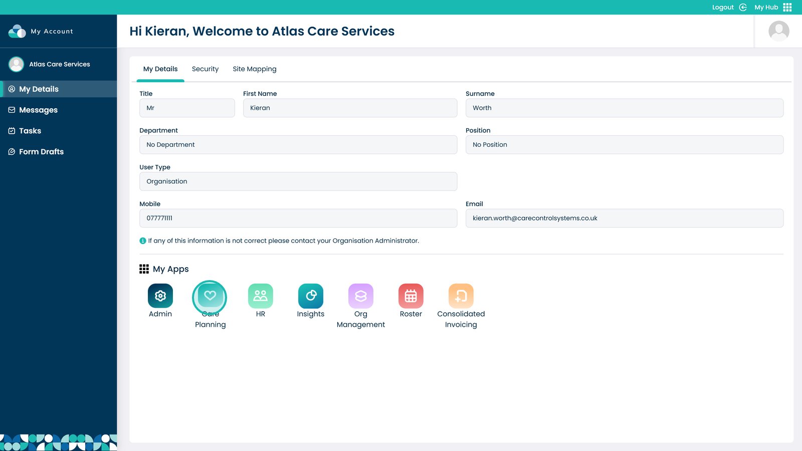 Care Planning App home screen