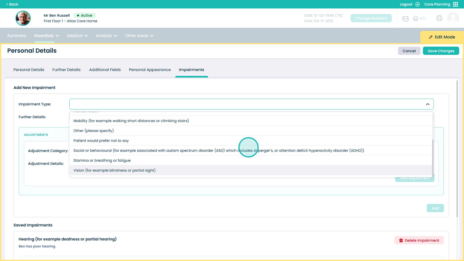 Impairment selection list