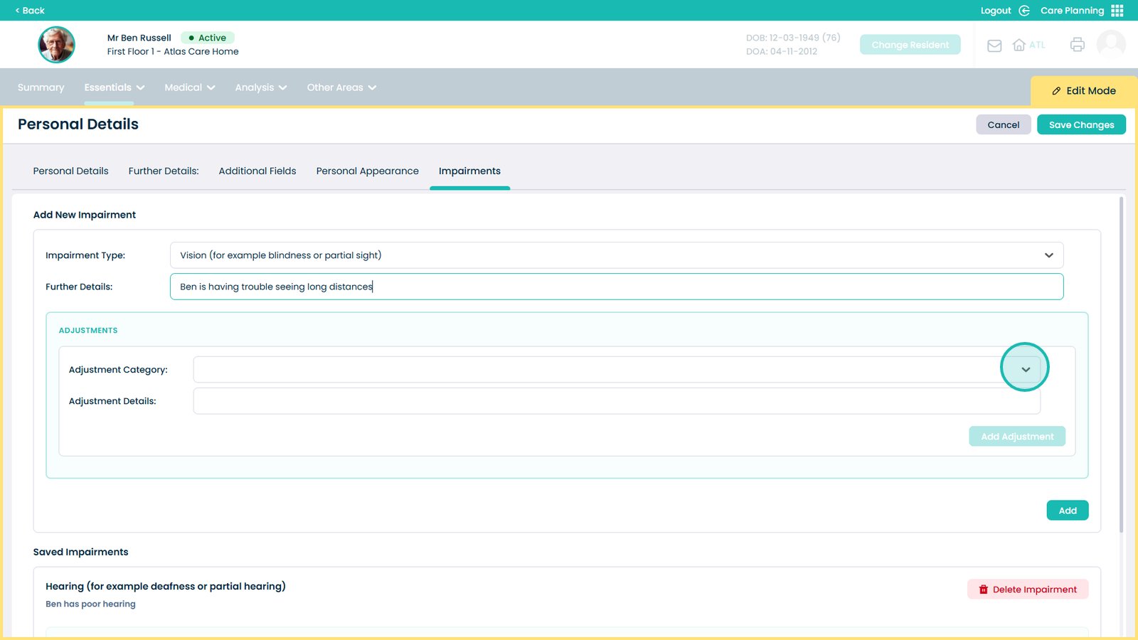 Adjustment Category dropdown
