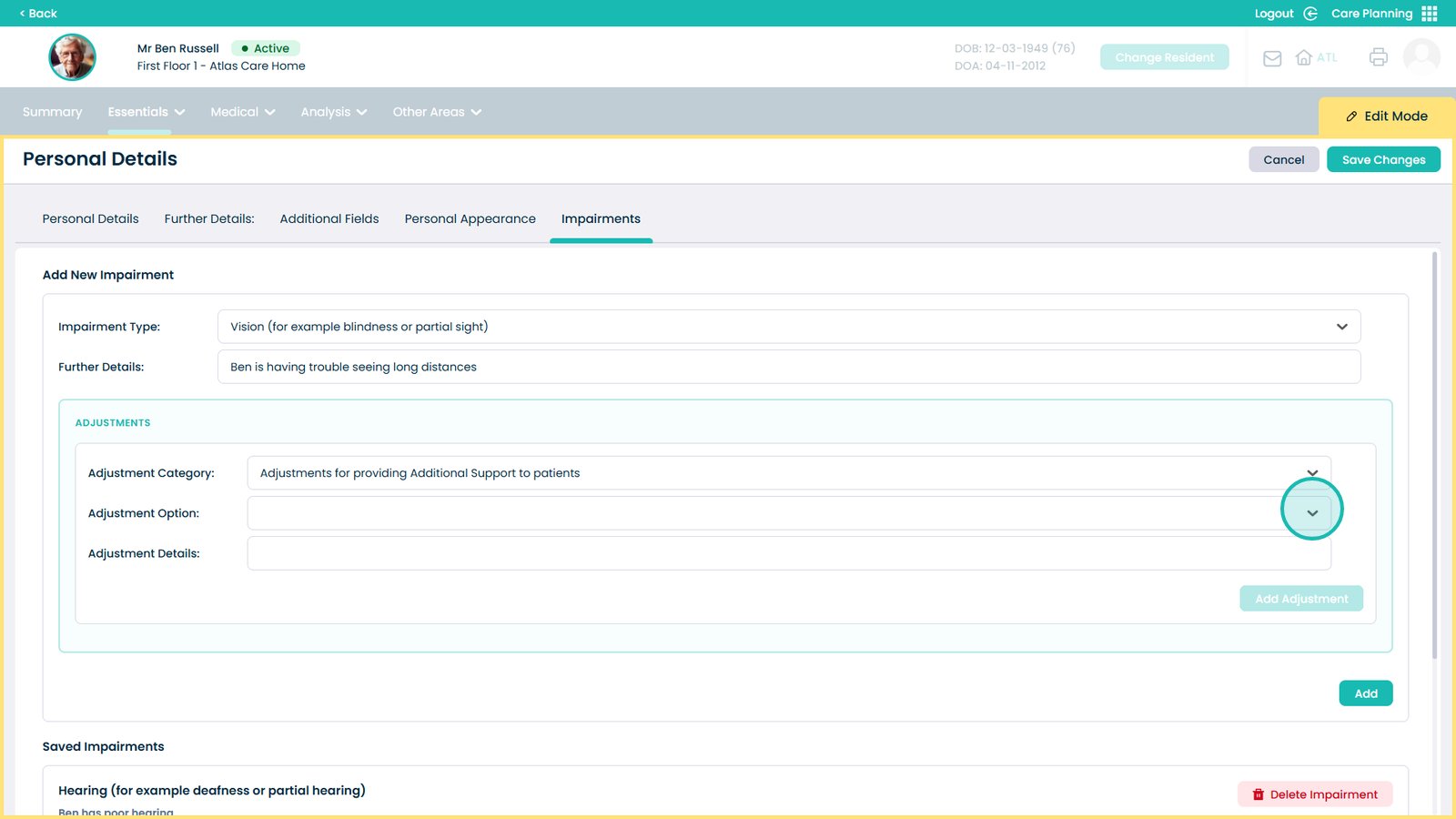Adjustment option dropdown