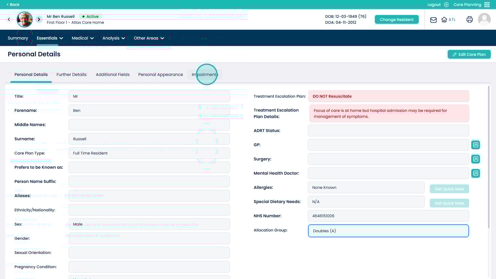 Impairments tab in Care Plan
