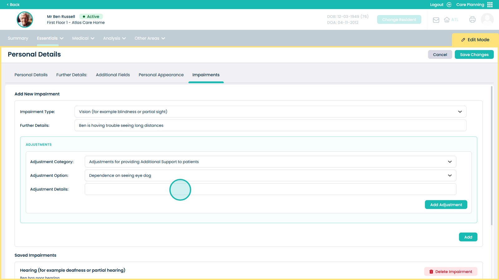 Adjustment details section