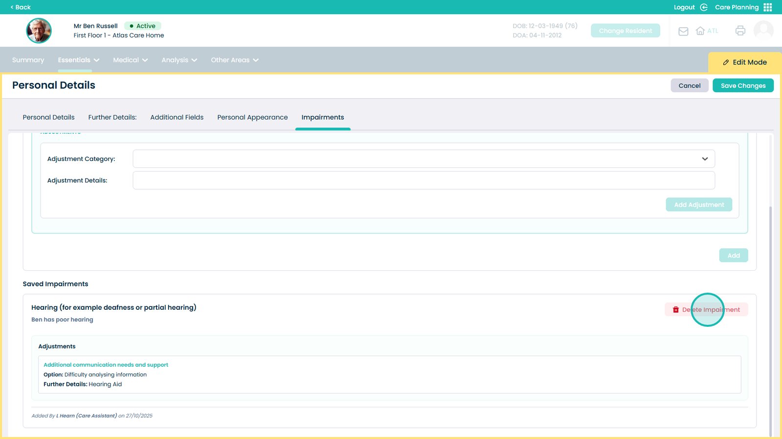 Delete impairment button
