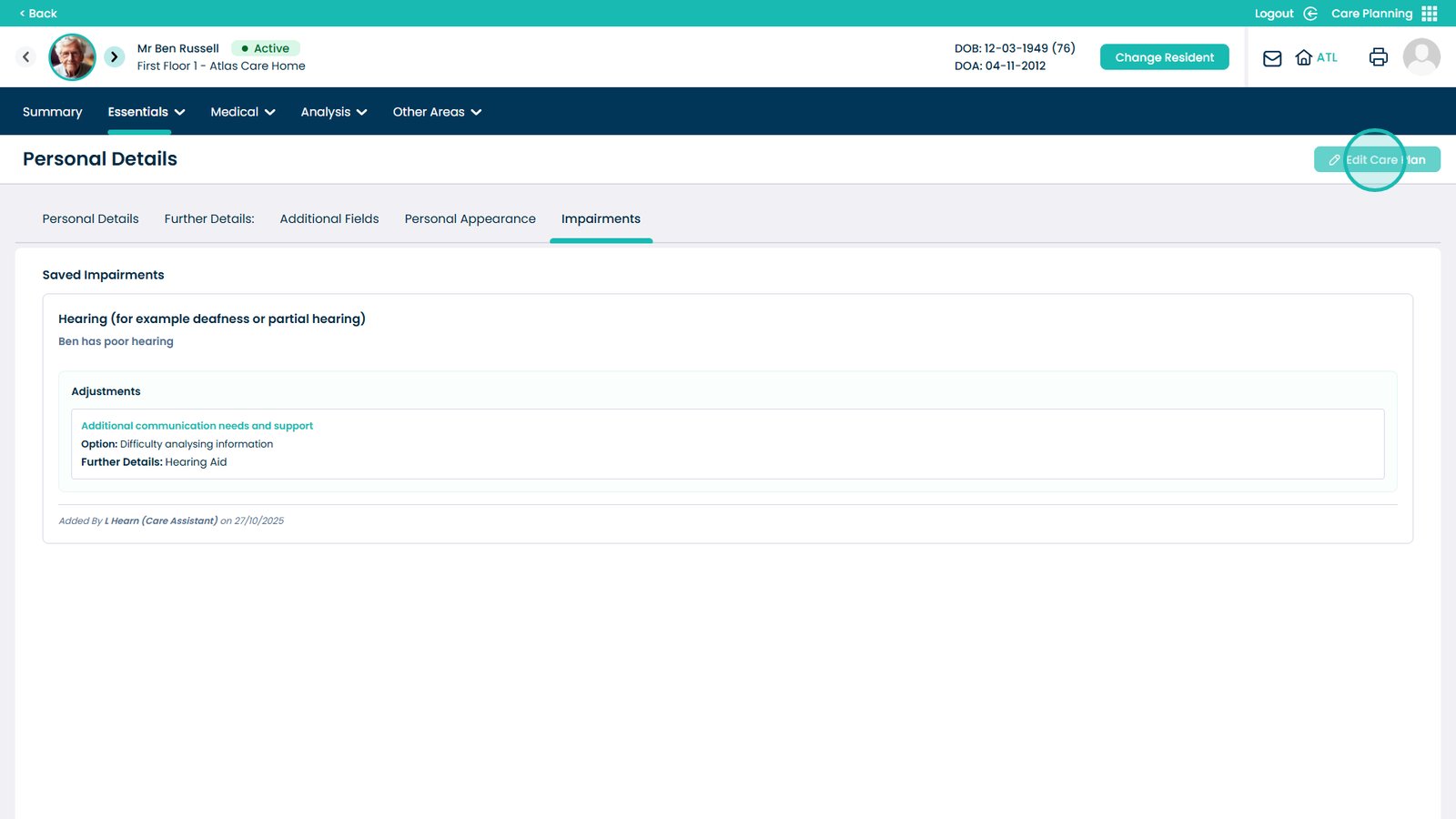 Edit care plan to remove impairment