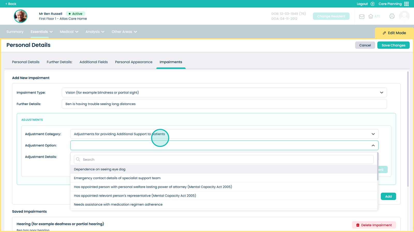 Adjustment option selection