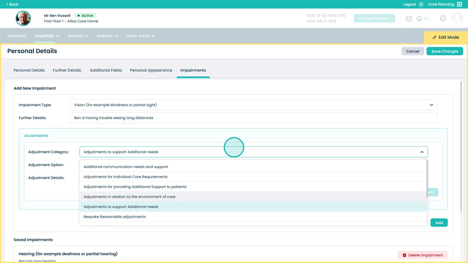 Adjustment category list